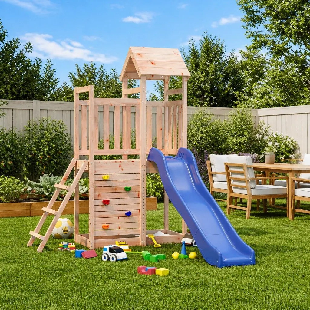 Wooden Outdoor Playset Brown Multi-Activity Climbing Frame Slide Sandbox