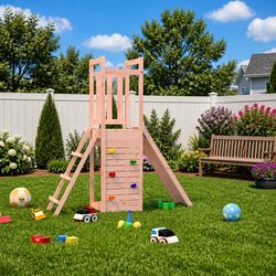 Wooden Playset with Sandbox and Climbing Features