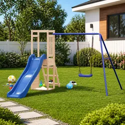 Compact Wooden Playset with Slide and Sandbox