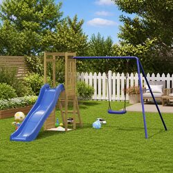 Compact Wooden Outdoor Playset with Multiple Features