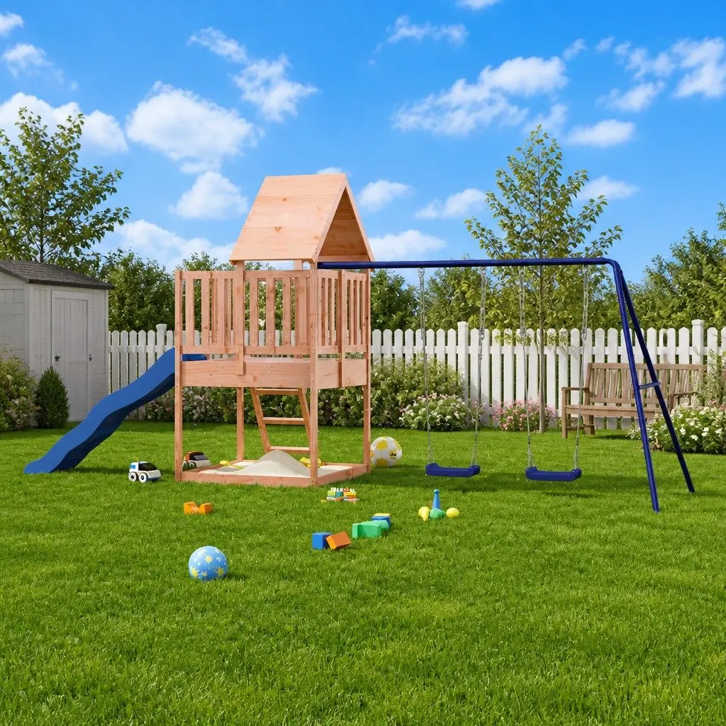 Outdoor Playset Brown Solid Wood Climbing Frame Wave Slide Double Swing Sandpit 90 cm Height