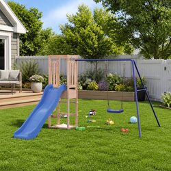 Compact Wooden Playset with Swing and Slide