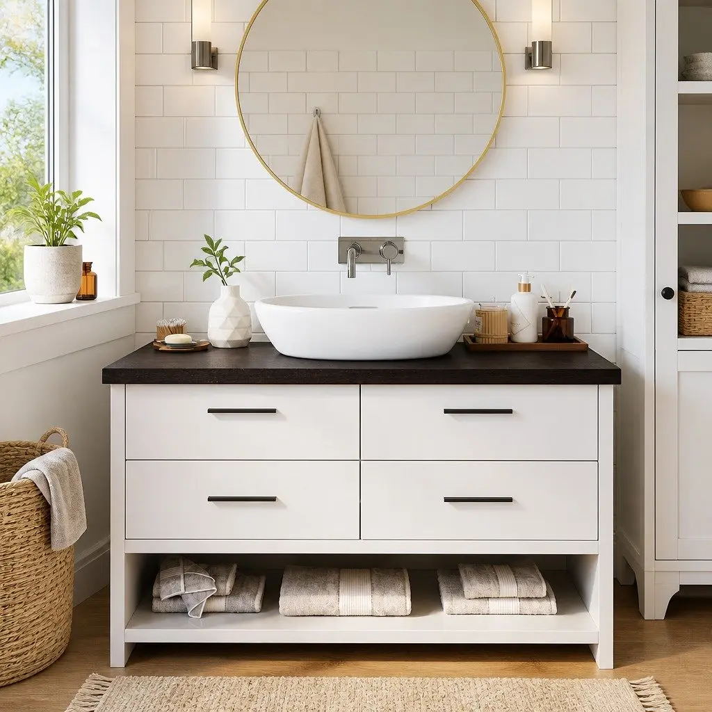 Bathroom Countertop Dark Brown Solid Oak Wood Handmade Live Edge Vanity Top Shelf