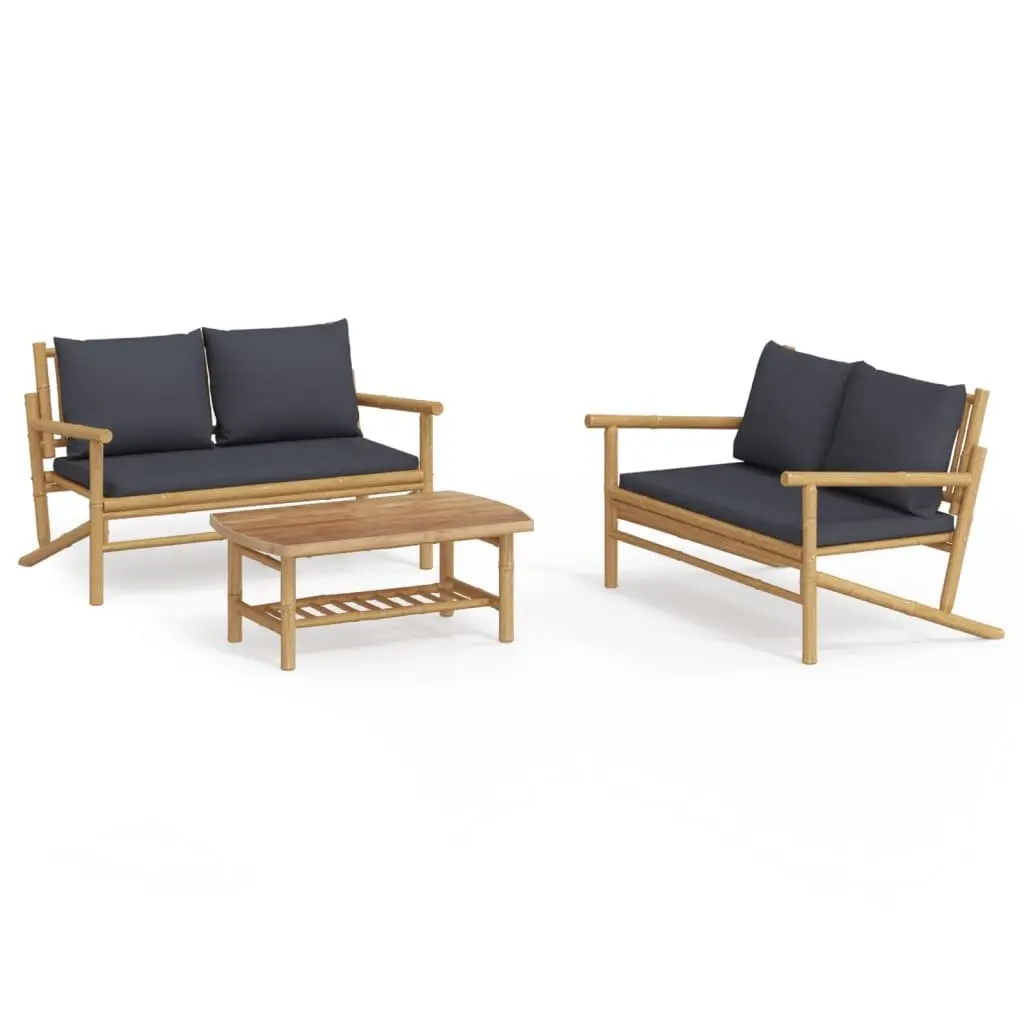 Garden Lounge Set 3 Piece Outdoor Furniture Bamboo with Cushions Backrest