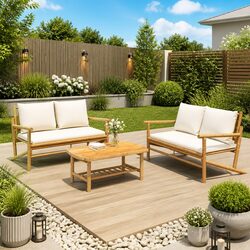 Bamboo Garden Lounge Set 3 Piece Outdoor Furniture with Cream Cushions Brown