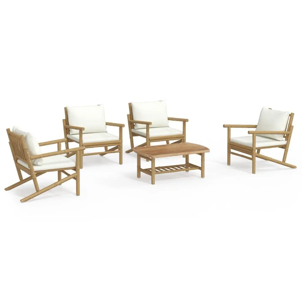 5-Piece Bamboo Outdoor Lounge Set with Soft Cream Cushions