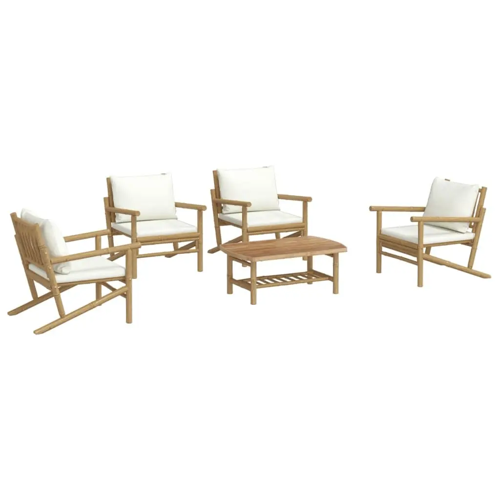 5-Piece Bamboo Outdoor Lounge Set with Soft Cream Cushions
