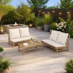 3 Piece Bamboo Garden Lounge Set Outdoor Furniture with Cream Cushions Brown