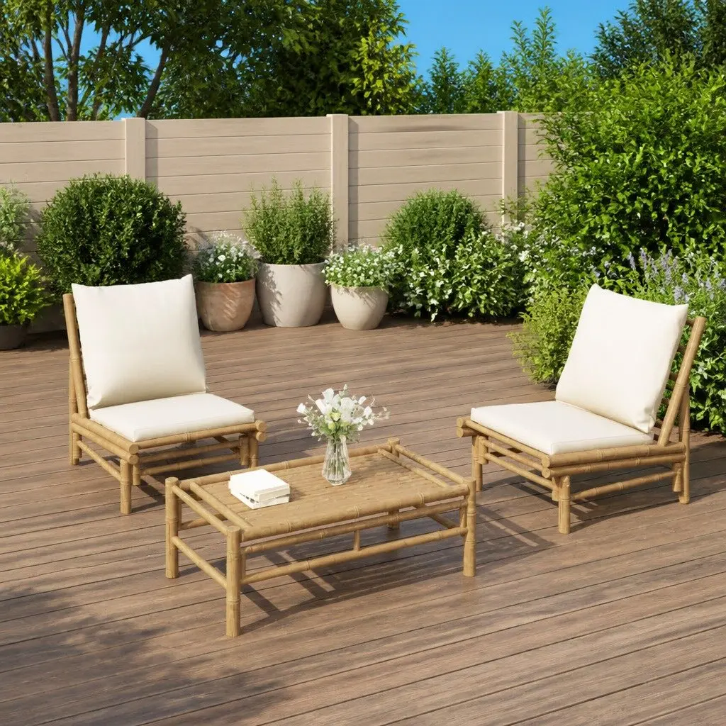 Garden Lounge Set 3 Piece Bamboo Outdoor Furniture with Cream Cushions