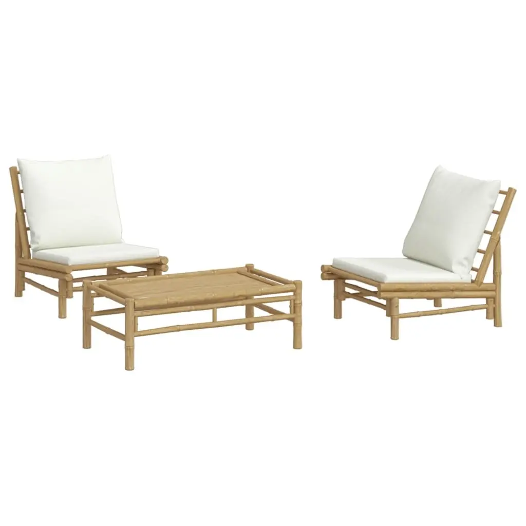 Garden Lounge Set 3 Piece Bamboo Outdoor Furniture with Cream Cushions