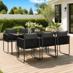 7 Piece Garden Dining Set Outdoor Furniture Black PE Rattan Steel Frame