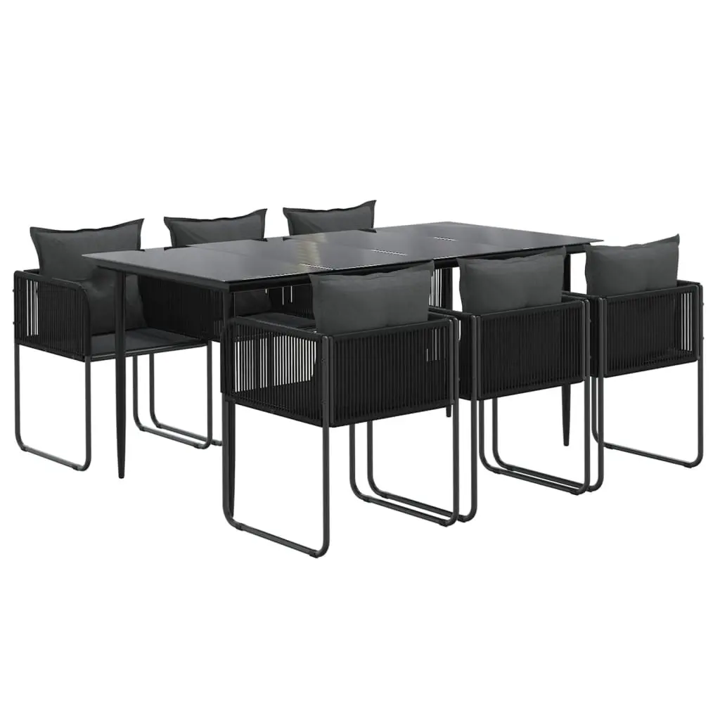 7 Piece Outdoor Dining Set Black Rattan Steel Frame Weather Resistant with Tempered Glass Top and Cushions