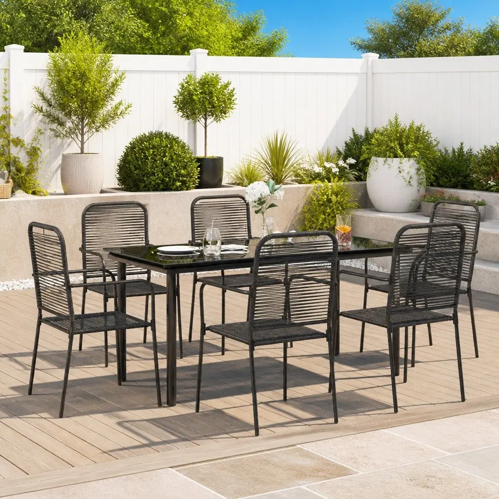 Garden Dining Set 7 Piece Black Cotton Rope Steel Frame Outdoor Furniture