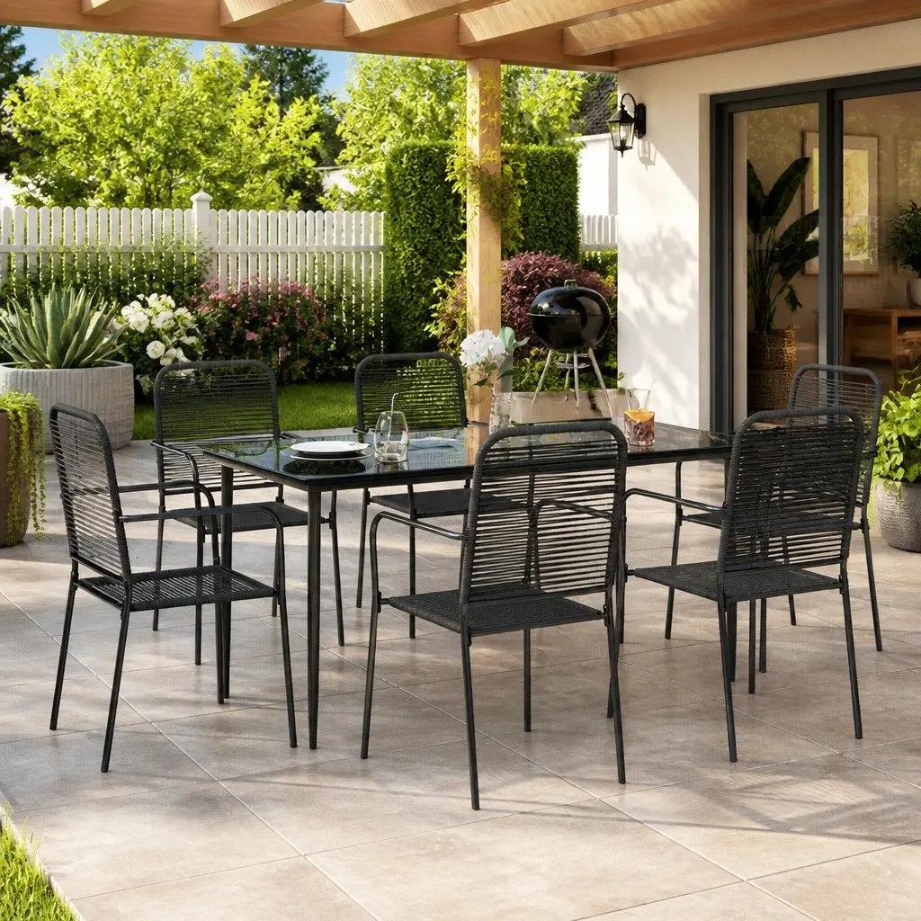 7 Piece Garden Dining Set Black Cotton Rope Steel Outdoor Patio Furniture