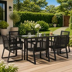 Garden Dining Set 7 Piece Outdoor Furniture Black Rattan Chairs Table Patio