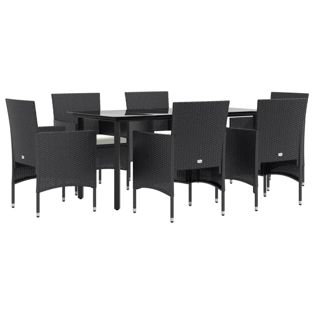 7 Piece Garden Dining Set Black Outdoor Furniture with Cushions Tempered Glass Table