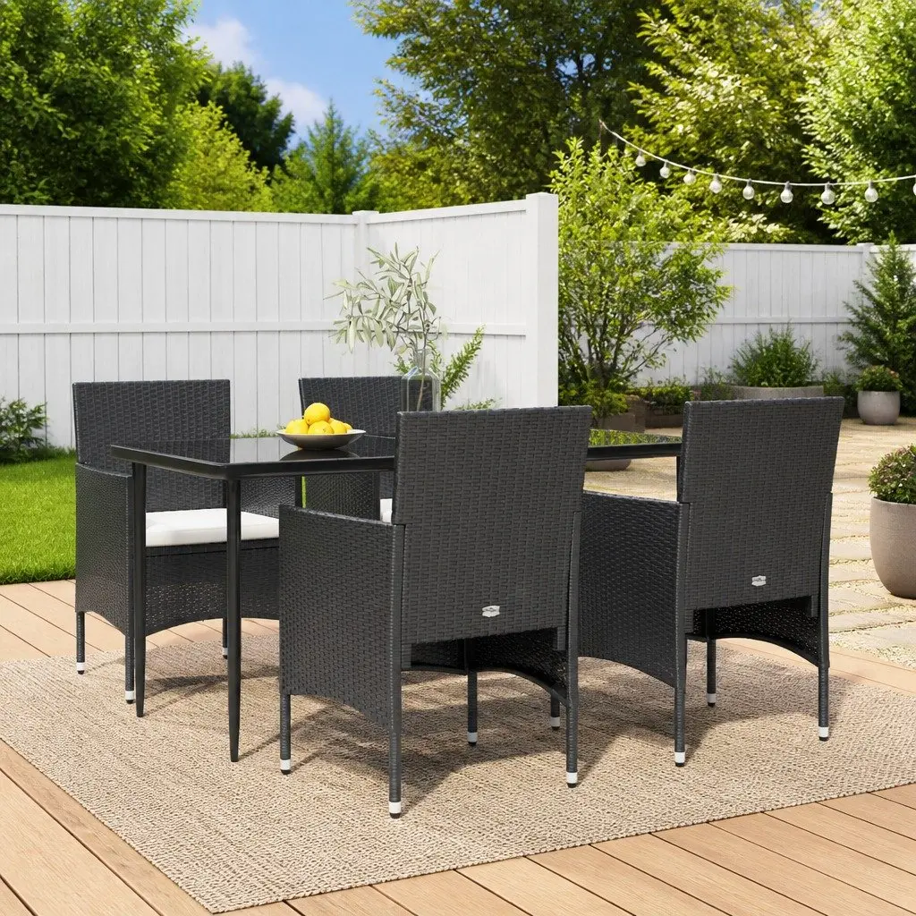 Garden Dining Set Black 5 Piece Outdoor Furniture with Cushions PE Rattan and Powder-Coated Steel Frame