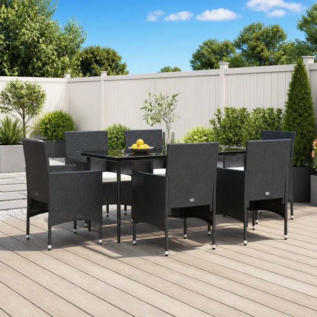 7 Piece Garden Dining Set Black Outdoor Furniture with Cushions PE Rattan and Powder-coated Steel Frame