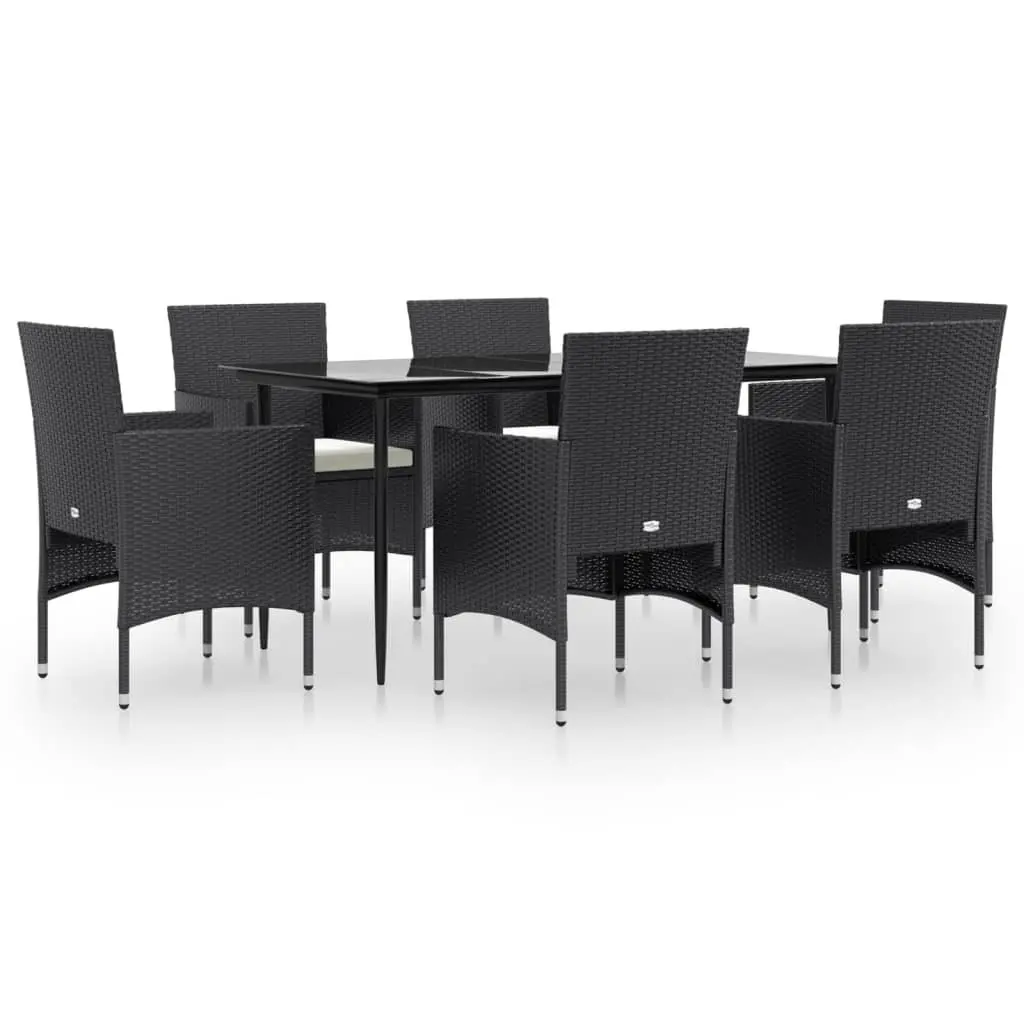 7 Piece Garden Dining Set Black Outdoor Furniture with Cushions PE Rattan and Powder-coated Steel Frame