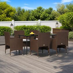 7 Piece Outdoor Garden Dining Set with Cushions Brown Black Rattan Table Chairs