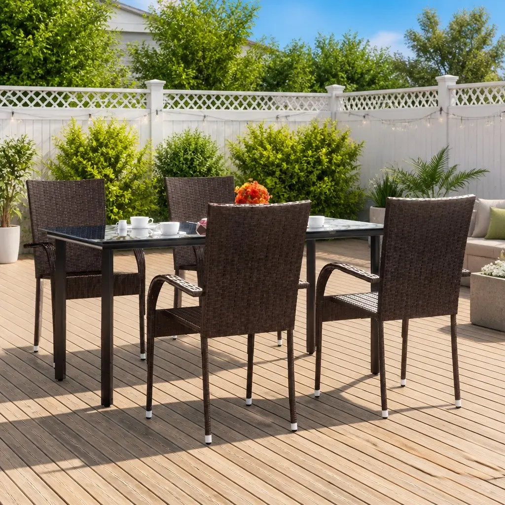 Outdoor Dining Set 5 Piece Garden Furniture Brown Poly Rattan Patio Table Chairs