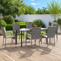 Outdoor Garden Dining Set 7 Piece Grey Poly Rattan Patio Furniture Chairs Table