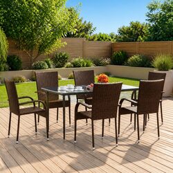 Outdoor Dining Set 7 Piece Brown Poly Rattan Garden Furniture Patio Table Chairs
