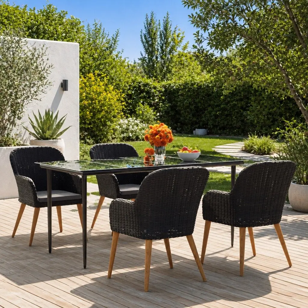 Garden Dining Set Black 5 Piece Outdoor Furniture Table Chairs Cushions
