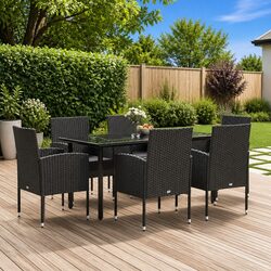 Concise 7-Piece Garden Dining Set in Black Rattan