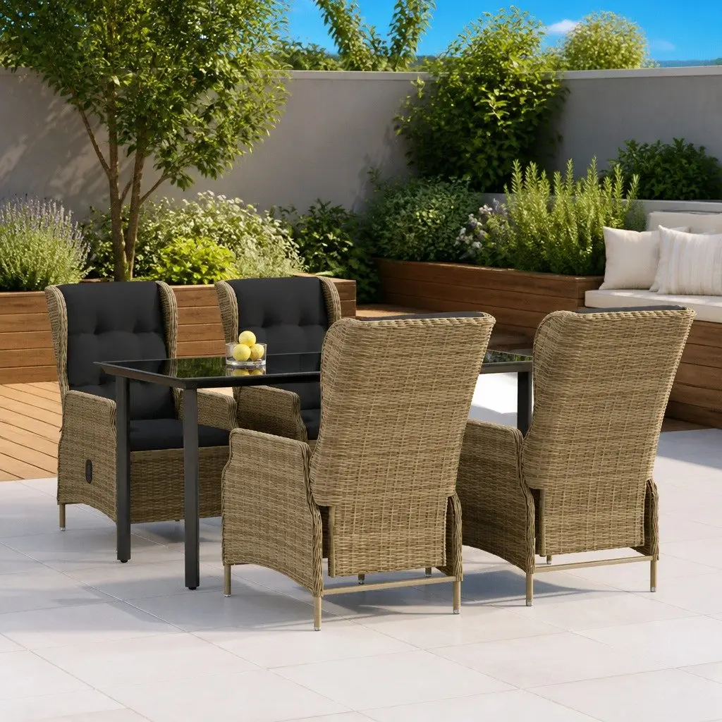 5 Piece Garden Dining Set Brown Outdoor Patio Furniture with Adjustable Backrest and Padded Cushions