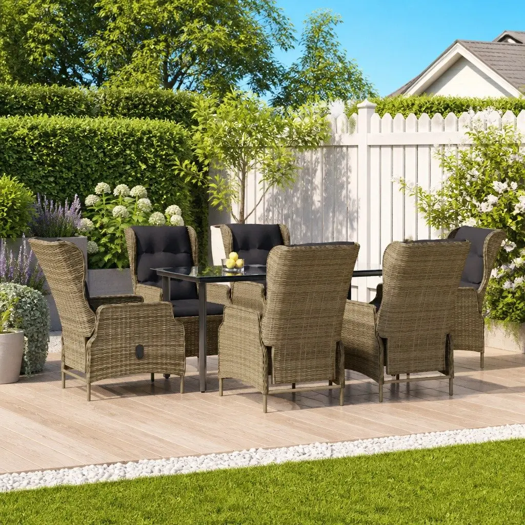 Garden Dining Set 7 Piece Brown Poly Rattan Outdoor Patio Furniture Table Chairs