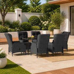 7 Piece Garden Dining Set Grey Poly Rattan Outdoor Furniture Patio Table Chairs