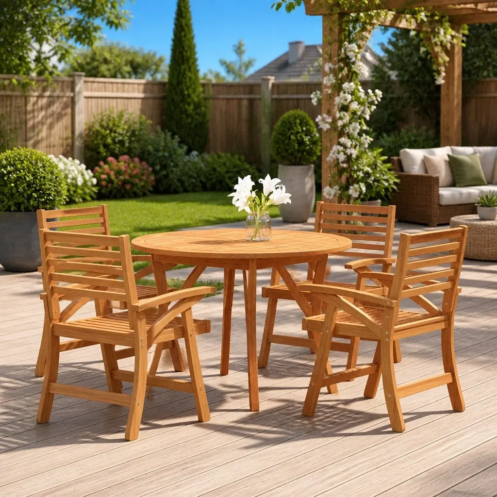 Garden Dining Set Brown 5 Piece Solid Acacia Wood Outdoor Furniture Table Chairs