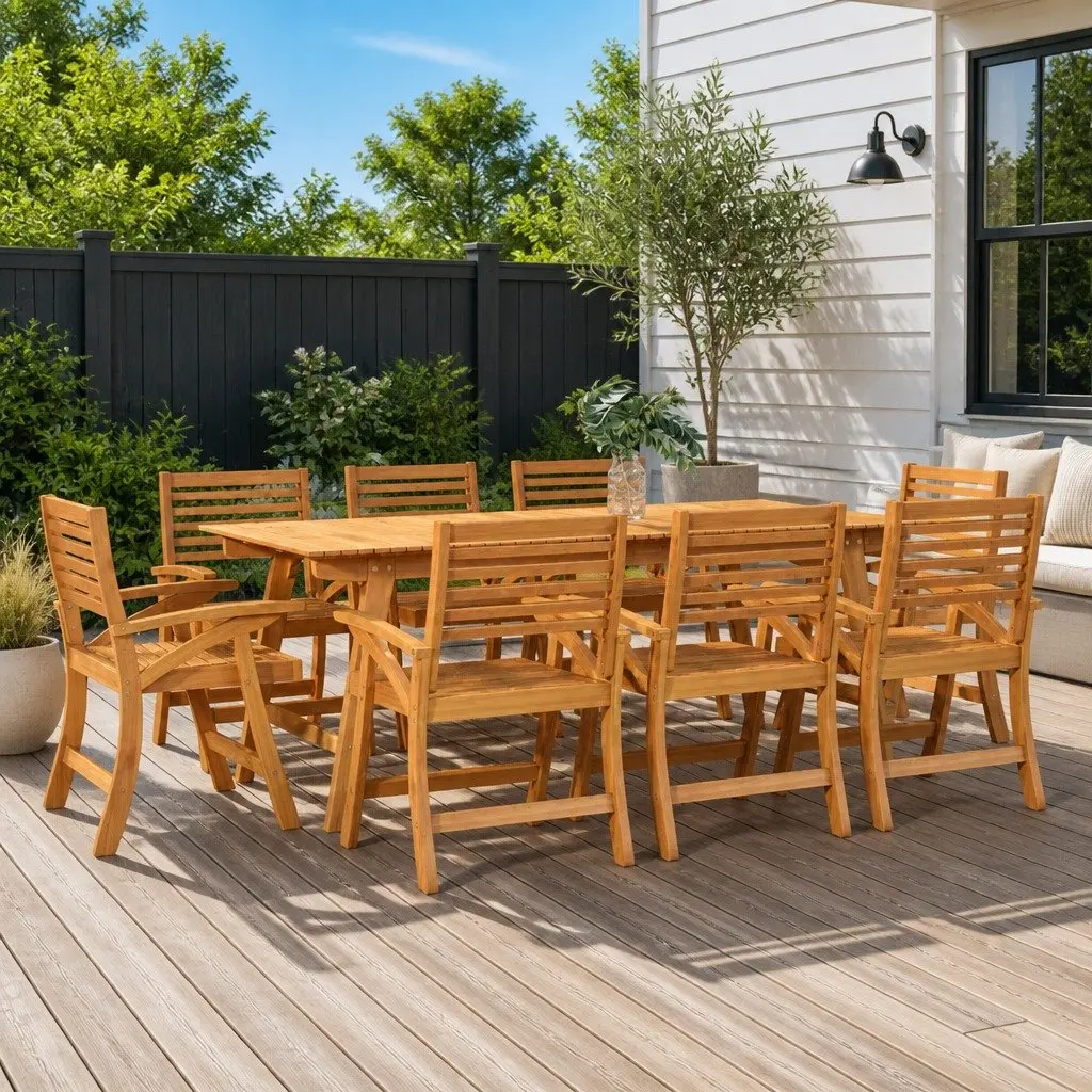 Garden Dining Set Brown 9 Piece Outdoor Patio Furniture Solid Acacia Wood Table Chairs