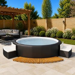 Hot Tub Surround with Spa Benches Rattan Wood Outdoor Spa Accessories Black