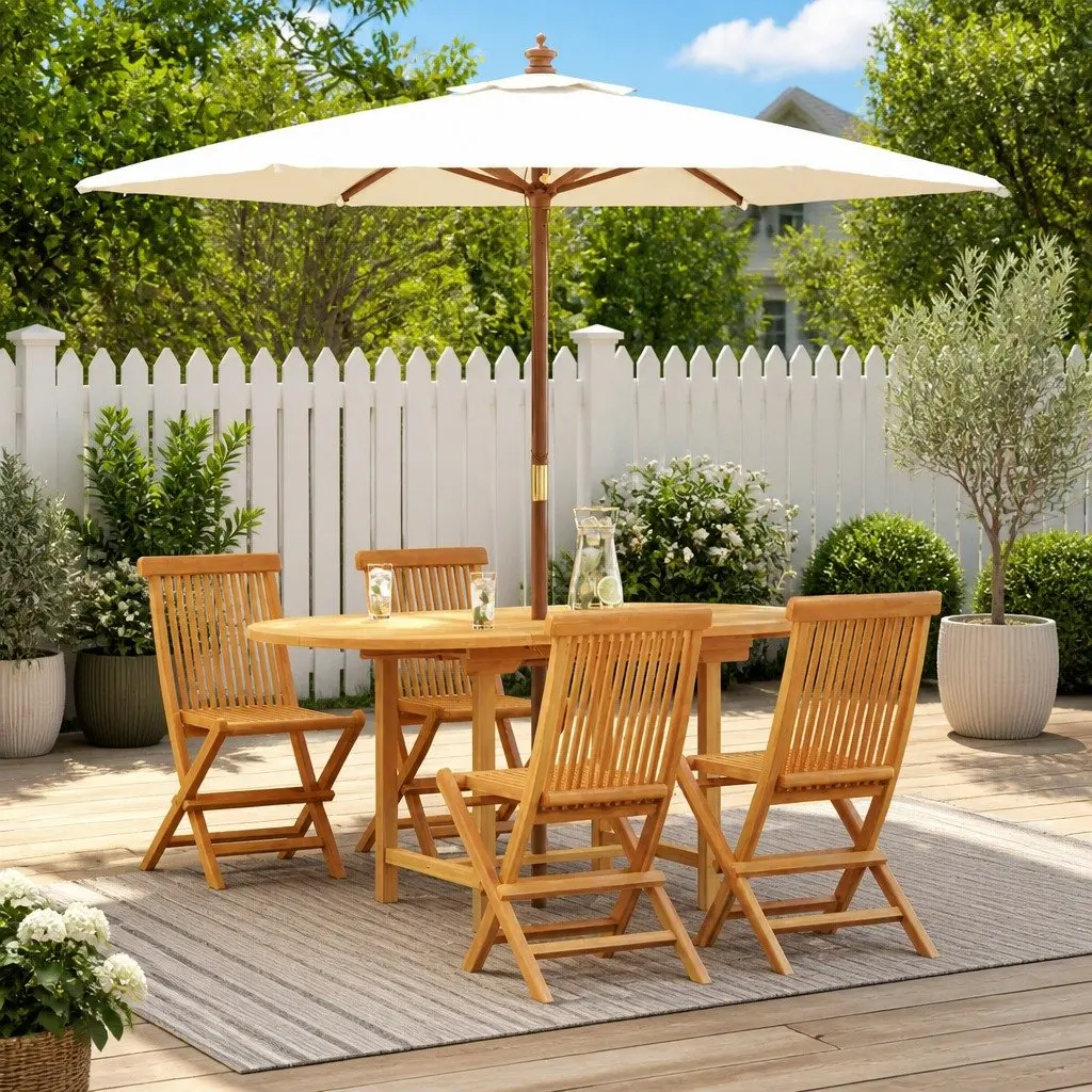 Garden Dining Set Brown 5 Piece Solid Teak Wood Outdoor Table Chairs
