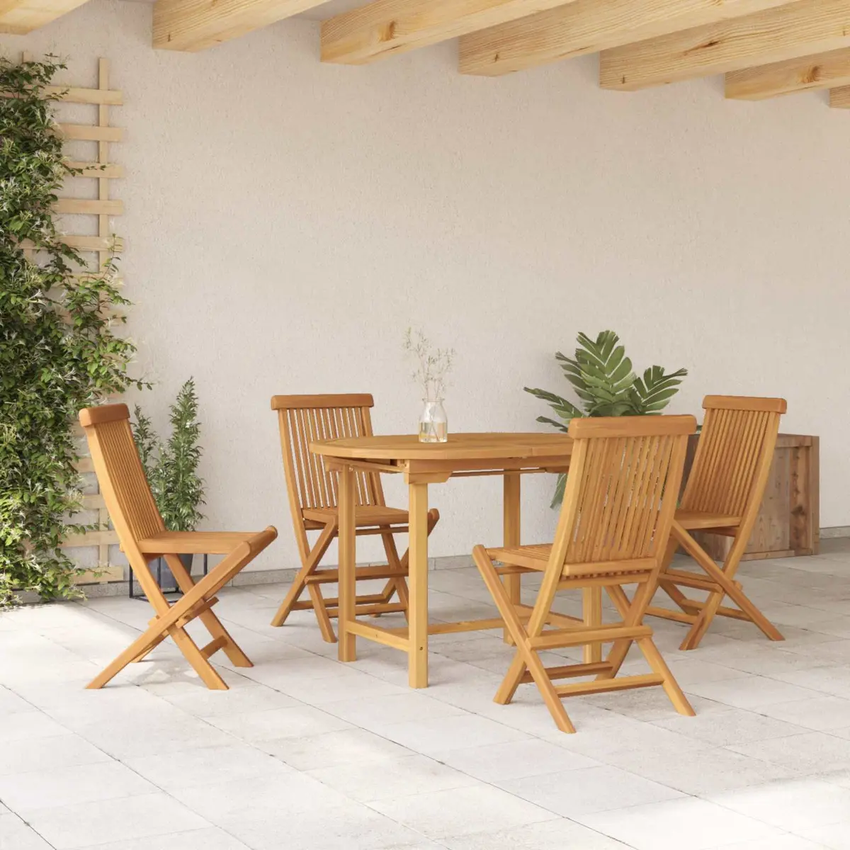 Garden Dining Set Brown 5 Piece Solid Teak Wood Outdoor Table Chairs