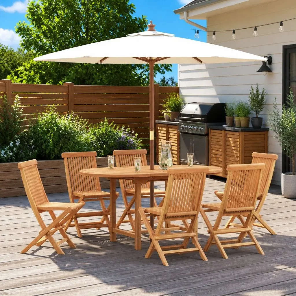 7-Piece Outdoor Dining Set in Solid Brown Teak Wood