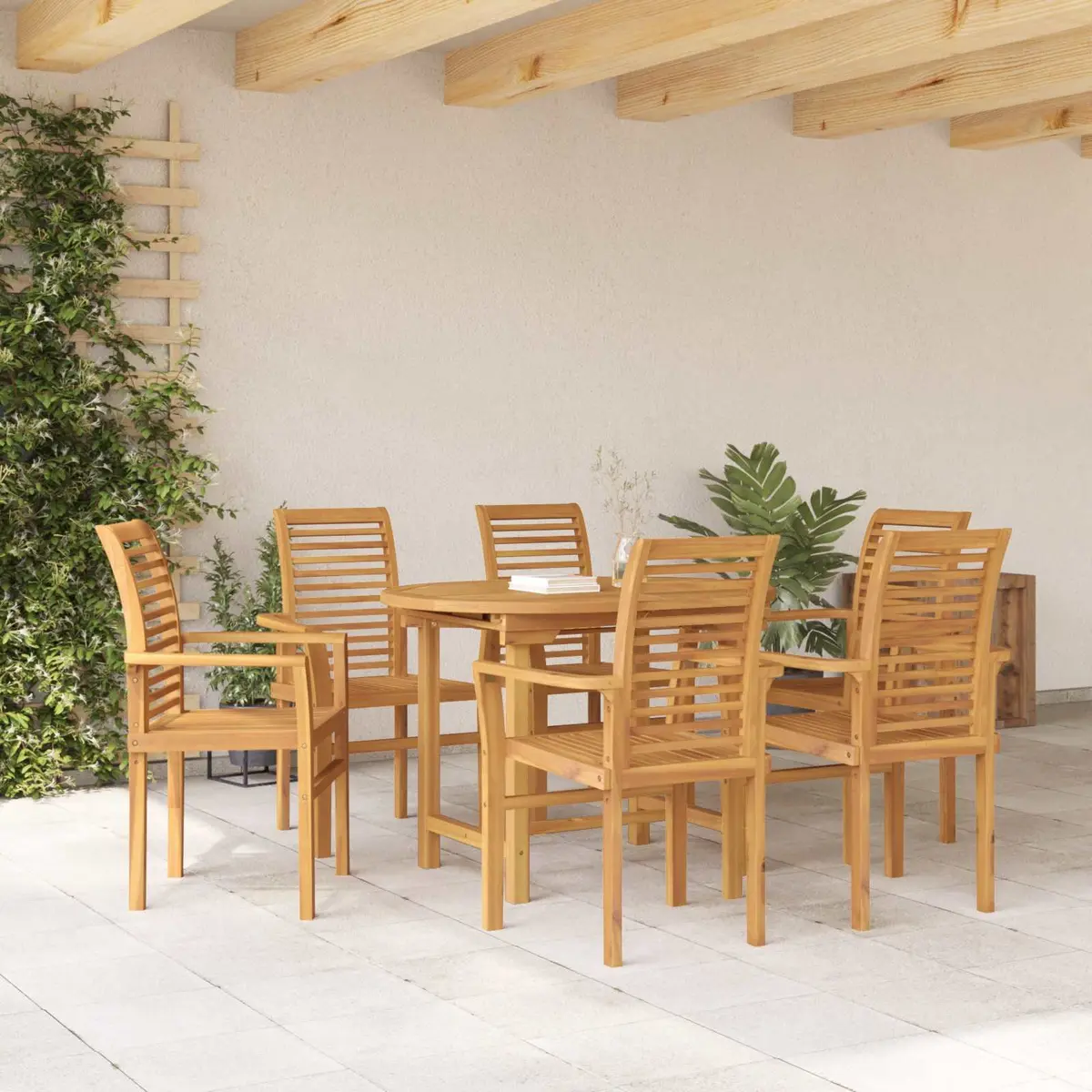 Garden Dining Set Brown 7 Pieces Solid Teak Wood Outdoor Table Chairs Furniture