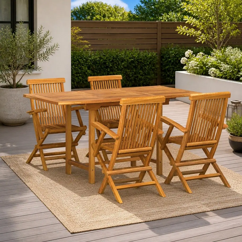 Garden Dining Set 5 Pieces Outdoor Furniture Brown Solid Teak Wood Table Chairs