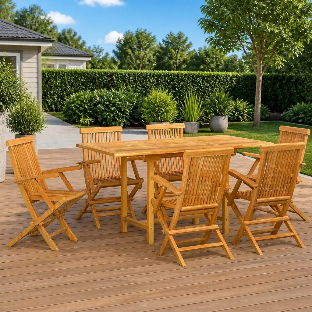 Garden Dining Set 7 Piece Brown Teak Wood Outdoor Table Chairs Patio Furniture