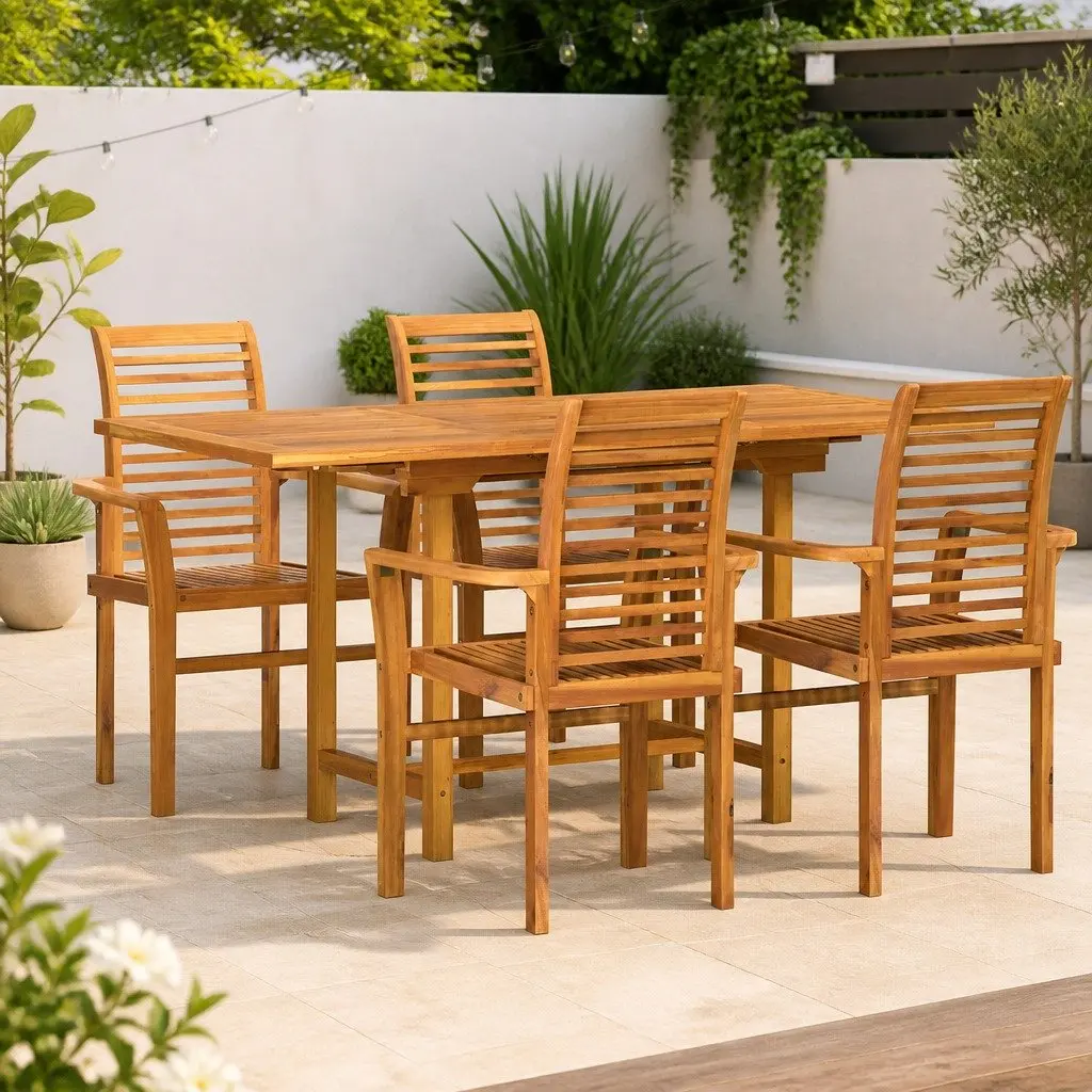 Garden Dining Set Brown 5 Piece Teak Wood Modern Outdoor Furniture