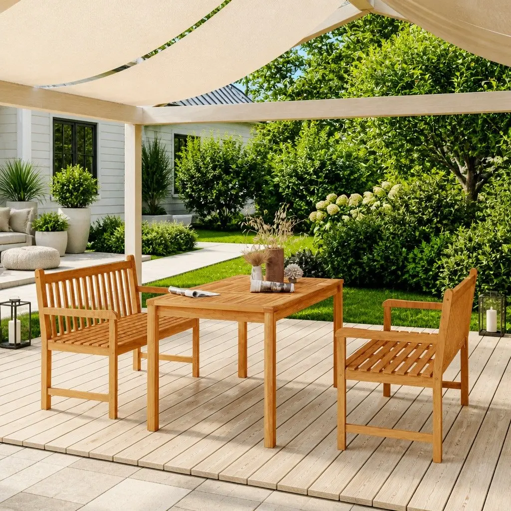 Garden Dining Set Brown 3 Piece Solid Wood Table Benches Outdoor Furniture