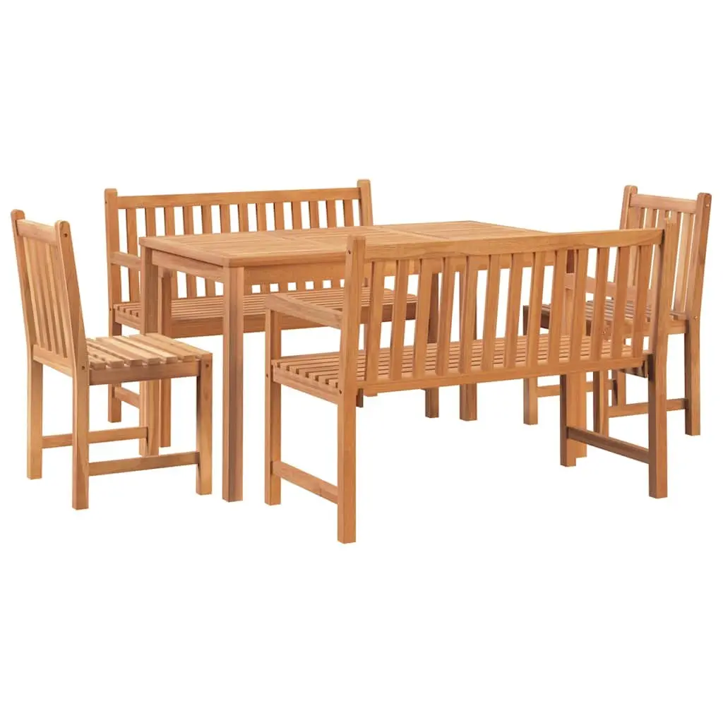 Outdoor Dining Set Brown 5 Piece Solid Teak Wood Table Chairs Benches
