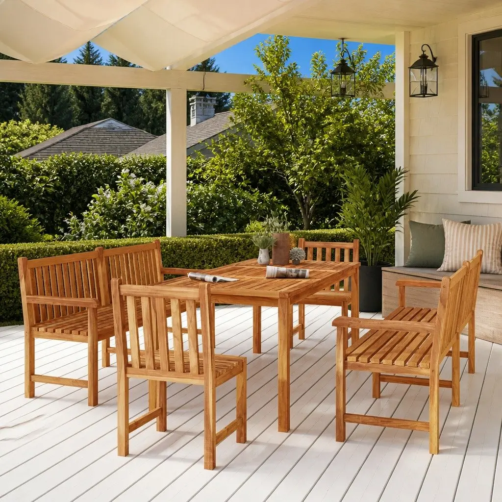 Garden Dining Set Brown 5 Piece Solid Teak Wood Table Chairs Outdoor Furniture