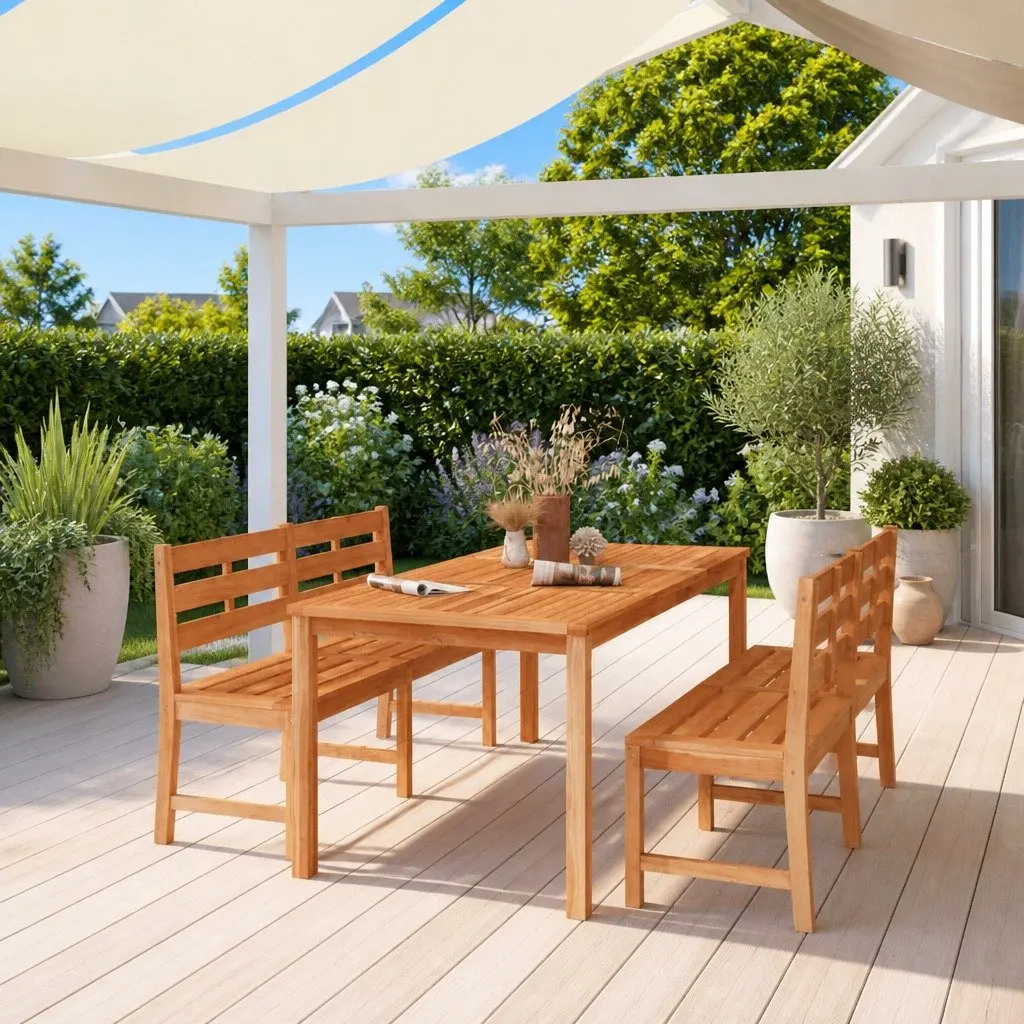 Garden Dining Set Brown 3 Piece Solid Teak Wood Outdoor Furniture Table Benches