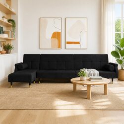 L-Shaped Sofa Bed Black Velvet Convertible Couch Sleeping Lounging Seating