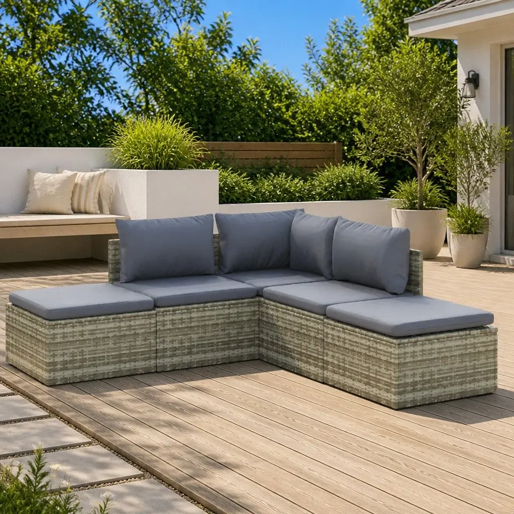 5 Piece Grey Poly Rattan Lounge Set for Outdoors