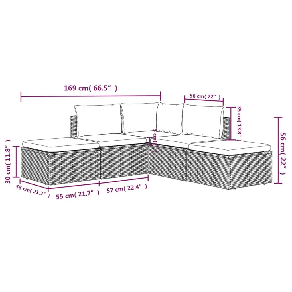 5 Piece Grey Poly Rattan Lounge Set for Outdoors