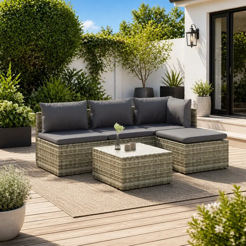 Garden Lounge Set 5 Piece Outdoor Furniture Grey Poly Rattan with Cushions